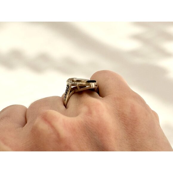 Art Deco Black Onyx & Marcasite 925 Sterling Silver Vintage Ring - sz 6.5 - Picture 9 of 12